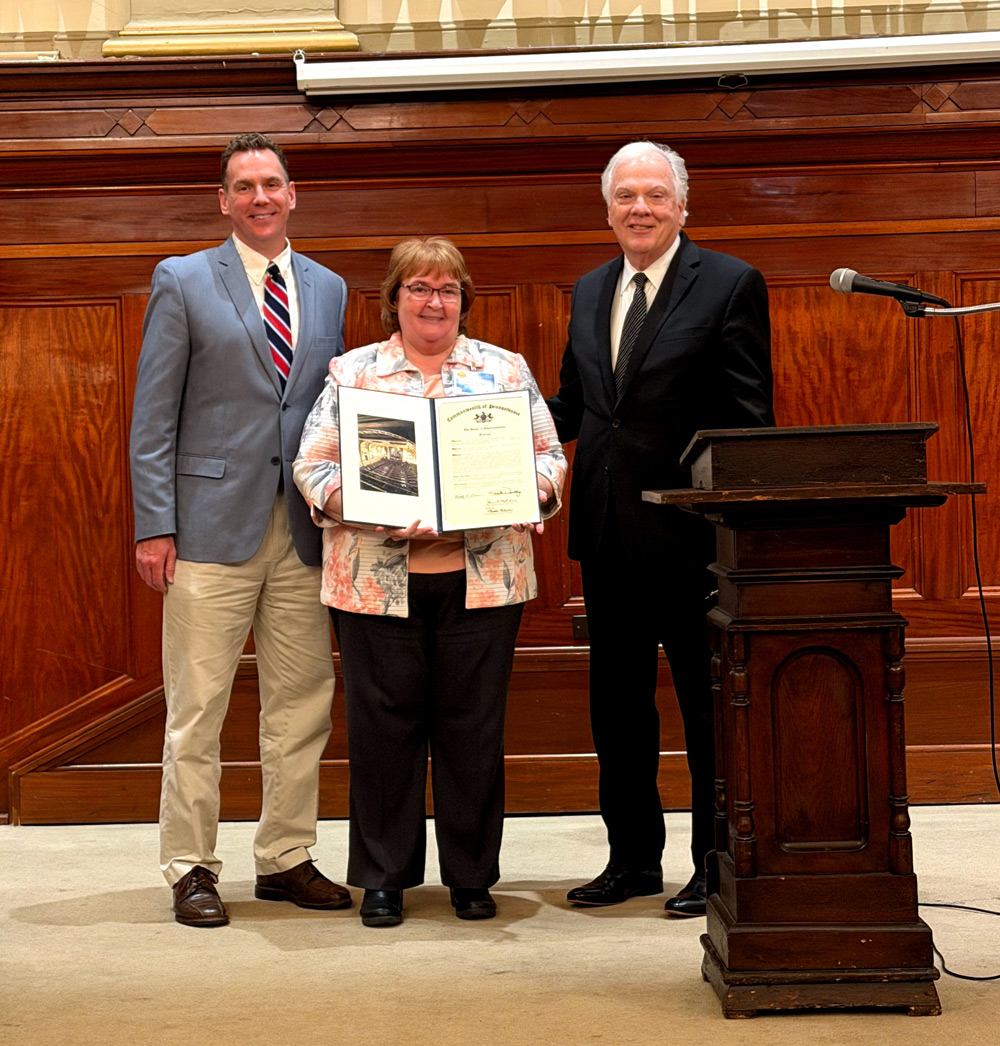 From left, Rep. Parke Wentling; Sandy Swogger, director, Mercer County Area Agency on Aging; Rep. Tim Bonner. April 16 presentation at the Corinthian in Sharon of a Pennsylvania House of Representatives citation to Sandy Swogger celebrating the 50th anniversary of the Mercer County Area Agency on Aging. Photo Credit: PA House of Representatives Republican Caucus Communications Department
